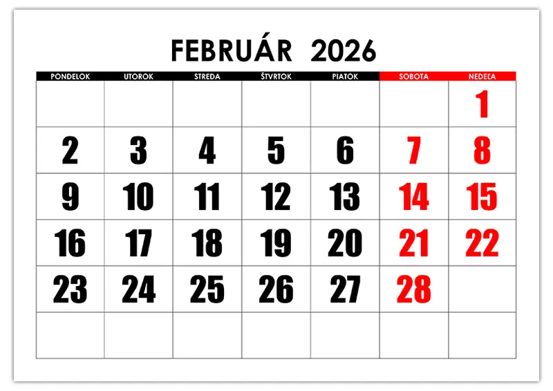 Kalendár s veľkými číslami na február 2026