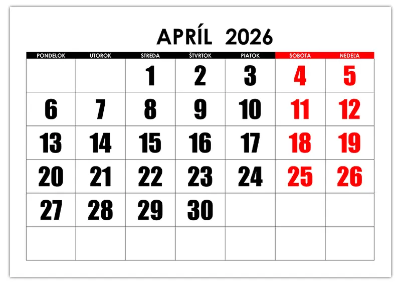 Kalendár na apríl 2026 s veľkými číslami