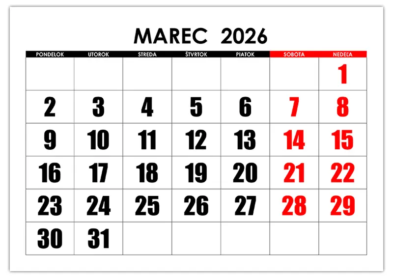 Kalendár na marec 2026 Kalendár na marec 2026 s veľkými číslami