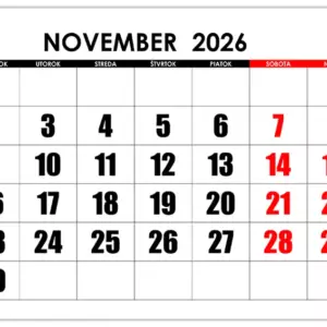Kalendár na november 2026 s veľkými číslami – horizontálny