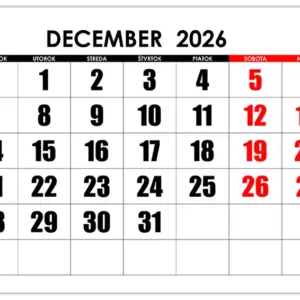 Kalendáre na december 2026 s veľkými číslami