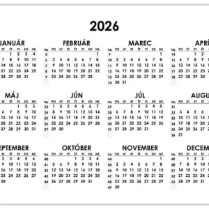 Kalendár 2026 s číslovaním týždňov – stiahnuť zdarma (PDF, DOCX) Čiernobiely horizontálny kalendár 2026 s očíslovanými týždňami