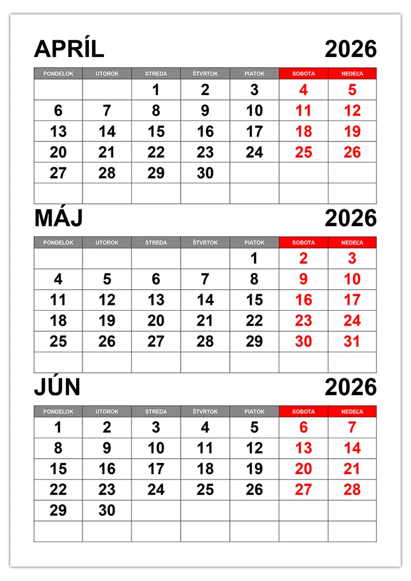 Kalendár na apríl, máj a jún 2026