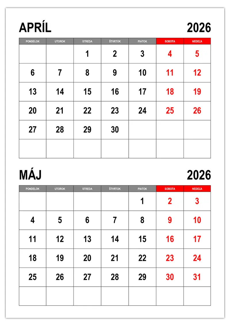 Kalendár na marec a apríl 2026 zadarmo