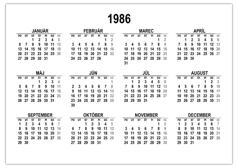 Kalendár na rok 1986 na stiahnutie a tlač
