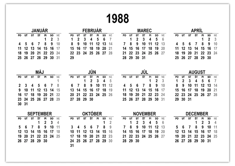 Kalendár na rok 1988 na stiahnutie a tlač