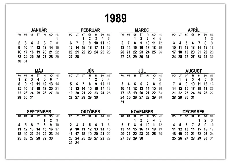 Kalendár na rok 1989 na stiahnutie a tlač