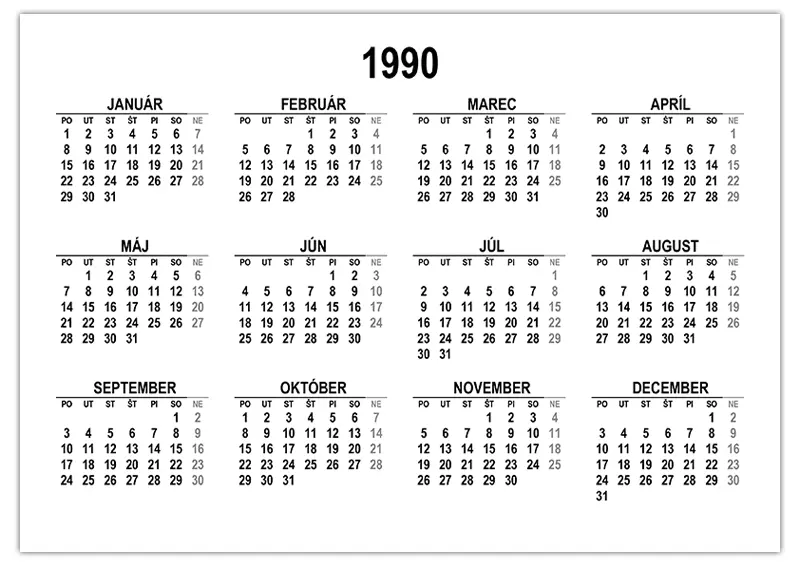 Kalendár na rok 1990 na stiahnutie a tlač