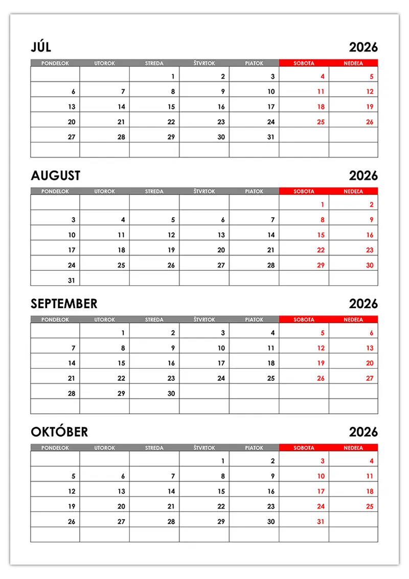 Kalendár na júl, august, september a október 2026