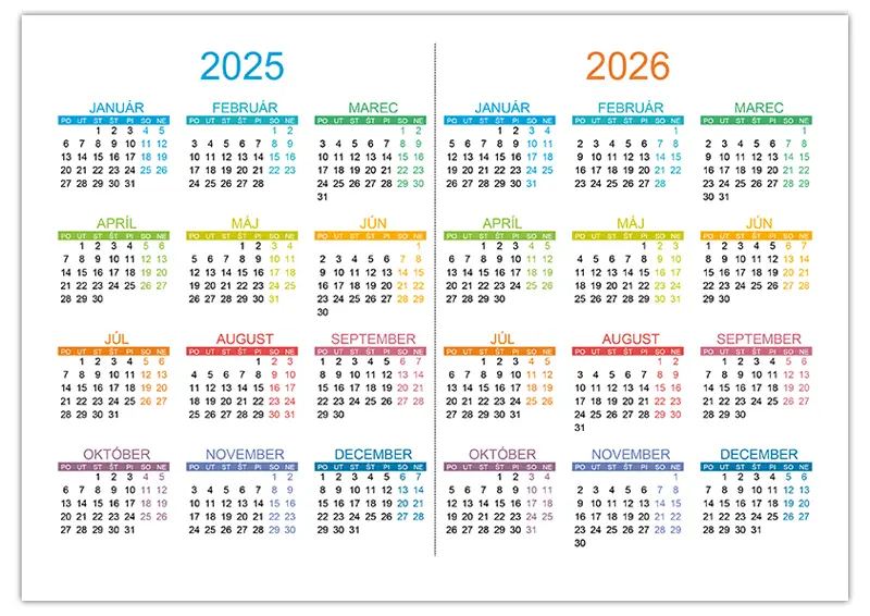 Kalendár na roky 2025 a 2026 na jednom liste: stiahnuť a vytlačiť