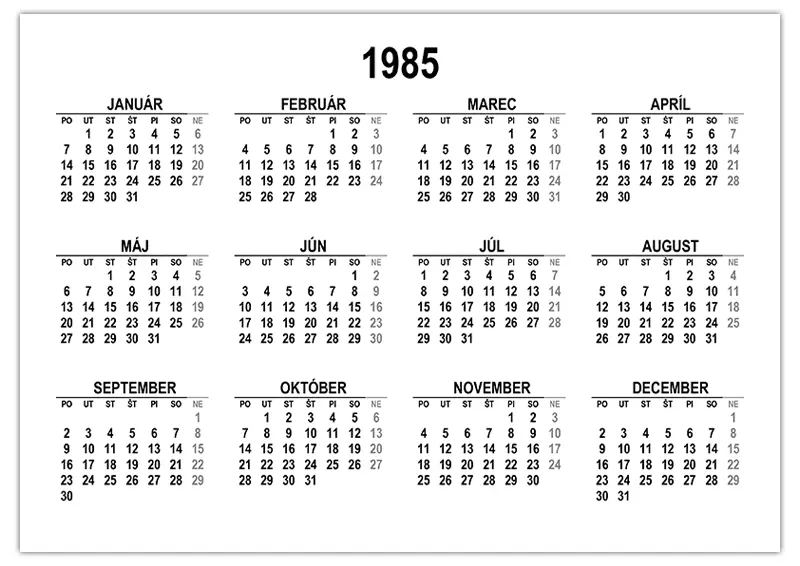 Kalendár na rok 1985 na stiahnutie a tlač
