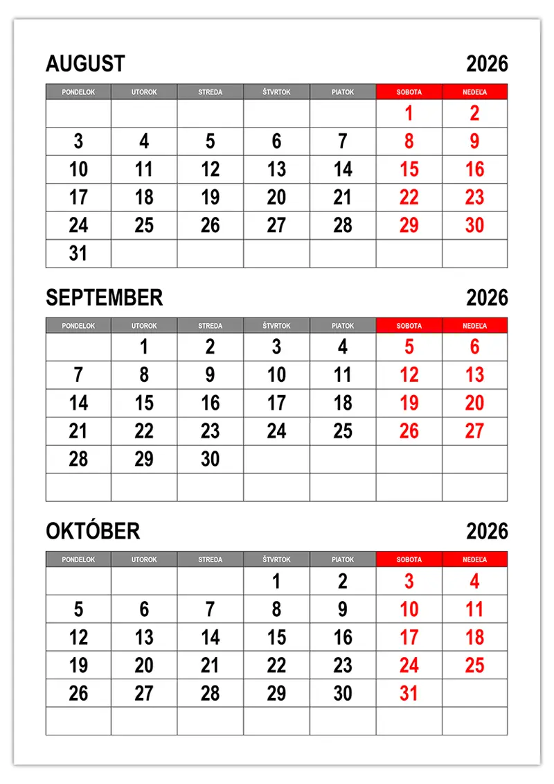 Kalendař na august, september a október 2026