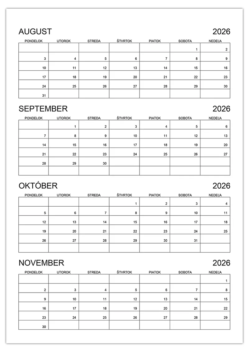 Kalendár na august, september, október a november 2026