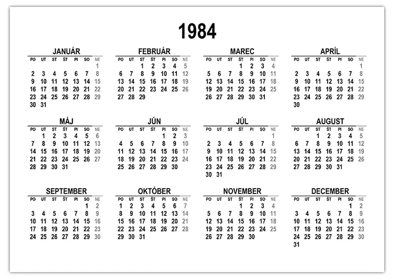 Kalendár na rok 1984 na stiahnutie a tlač